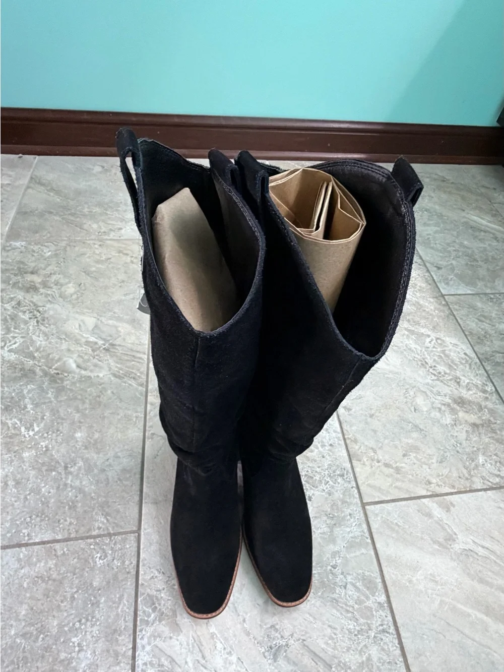 Mia Lue Knee High Black Cow Suede Leather Boots - Women's Stylish Slouch